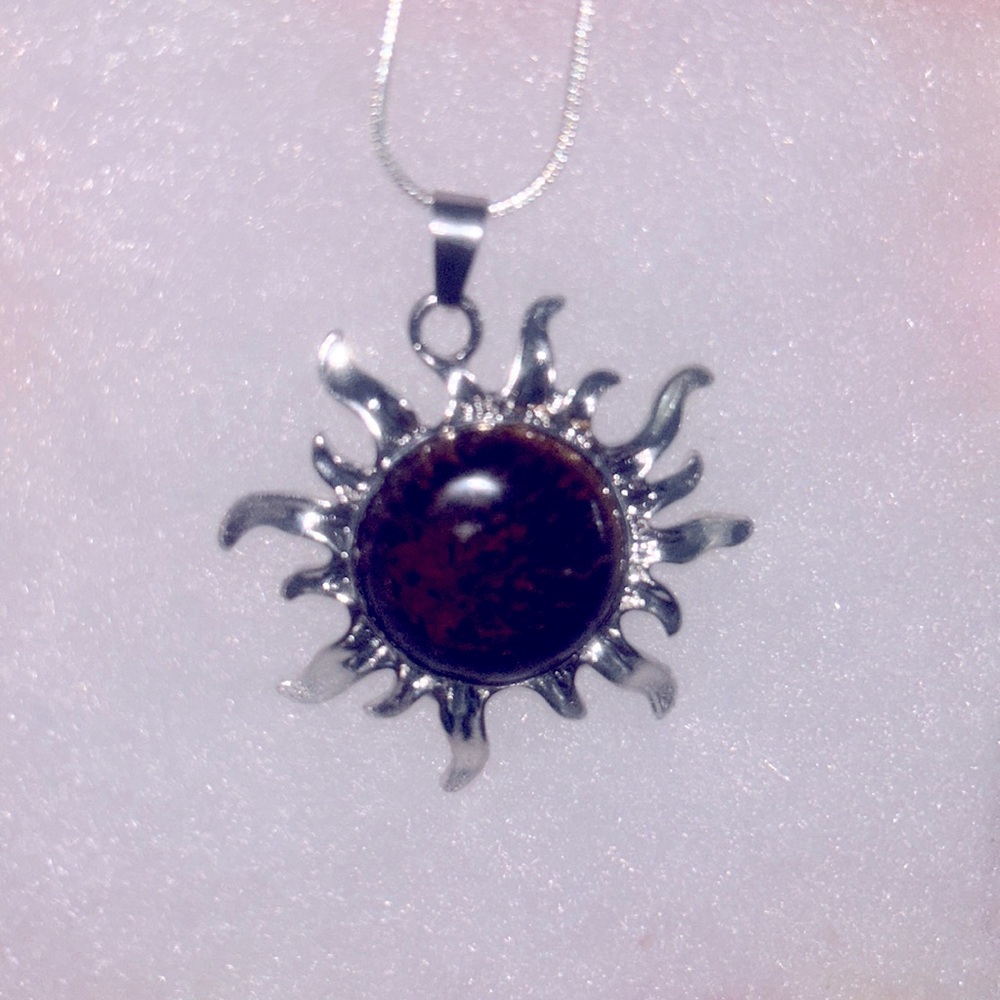 Boho hippie Gembone Dinosaur Agate Crystal Sun Sterling Silver Necklace 16”